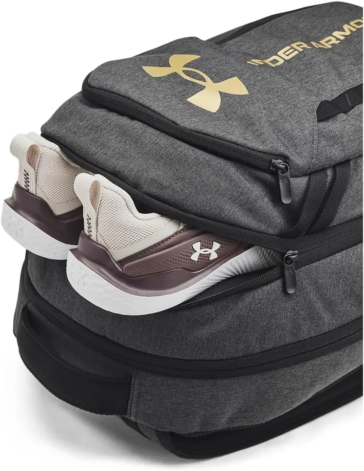 Under Armour Unisex-Adult Hustle 6.0 Backpack, (005) Black Full Heather/Black/Metallic Gold, One Size Fits Most
