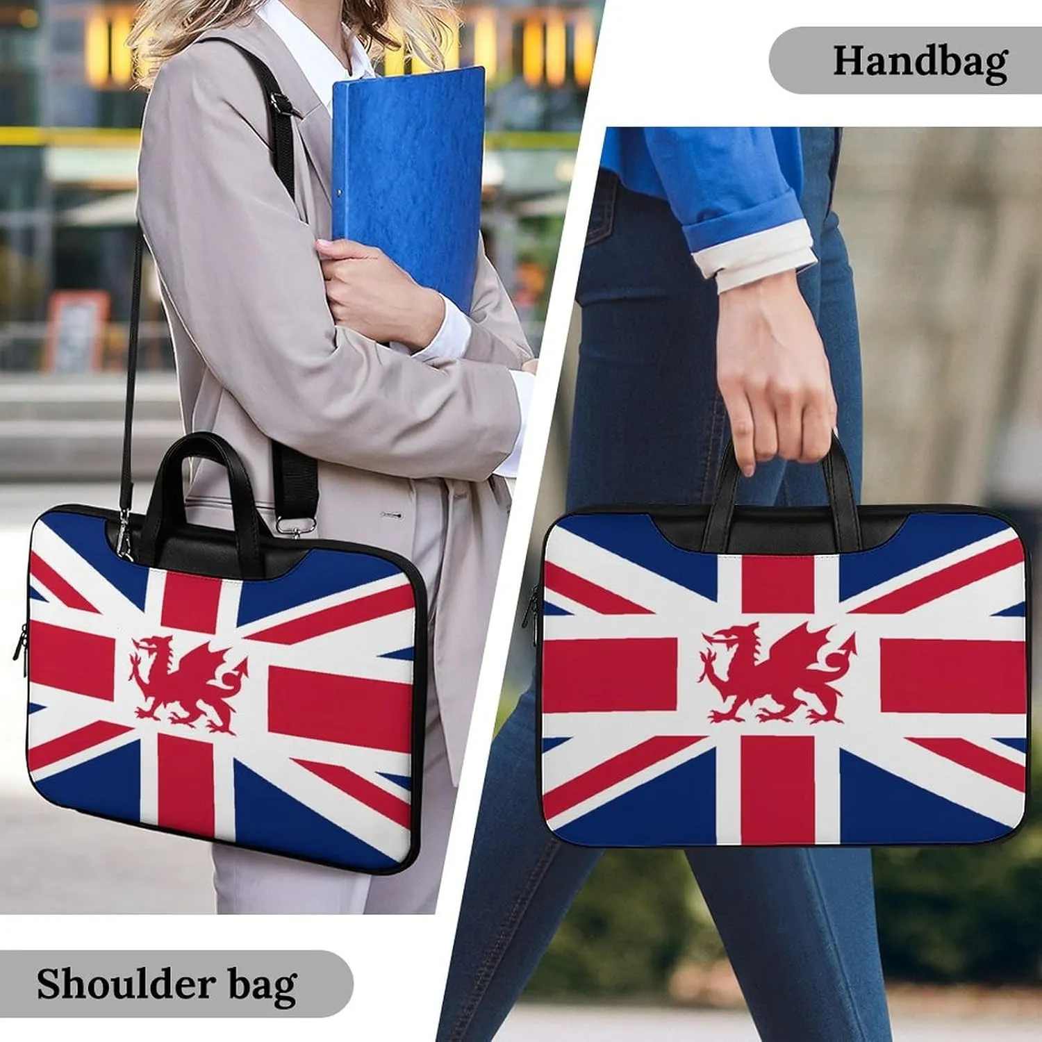 Union Jack with Wales Flag Laptop Sleeve Bag Protective Case Handbag With Shoulder Strap for Computer 10-17 Inch