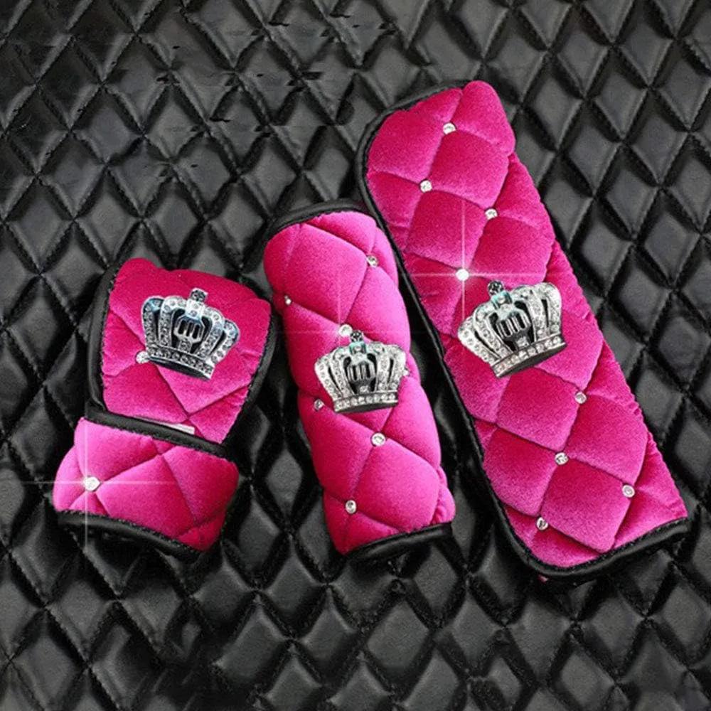 Universal ion Cover Set : Queen's Steering Wheel Cover for Woman Car Seat Belt Shouldads Gear Shift Cover Bling Crown Decor Car