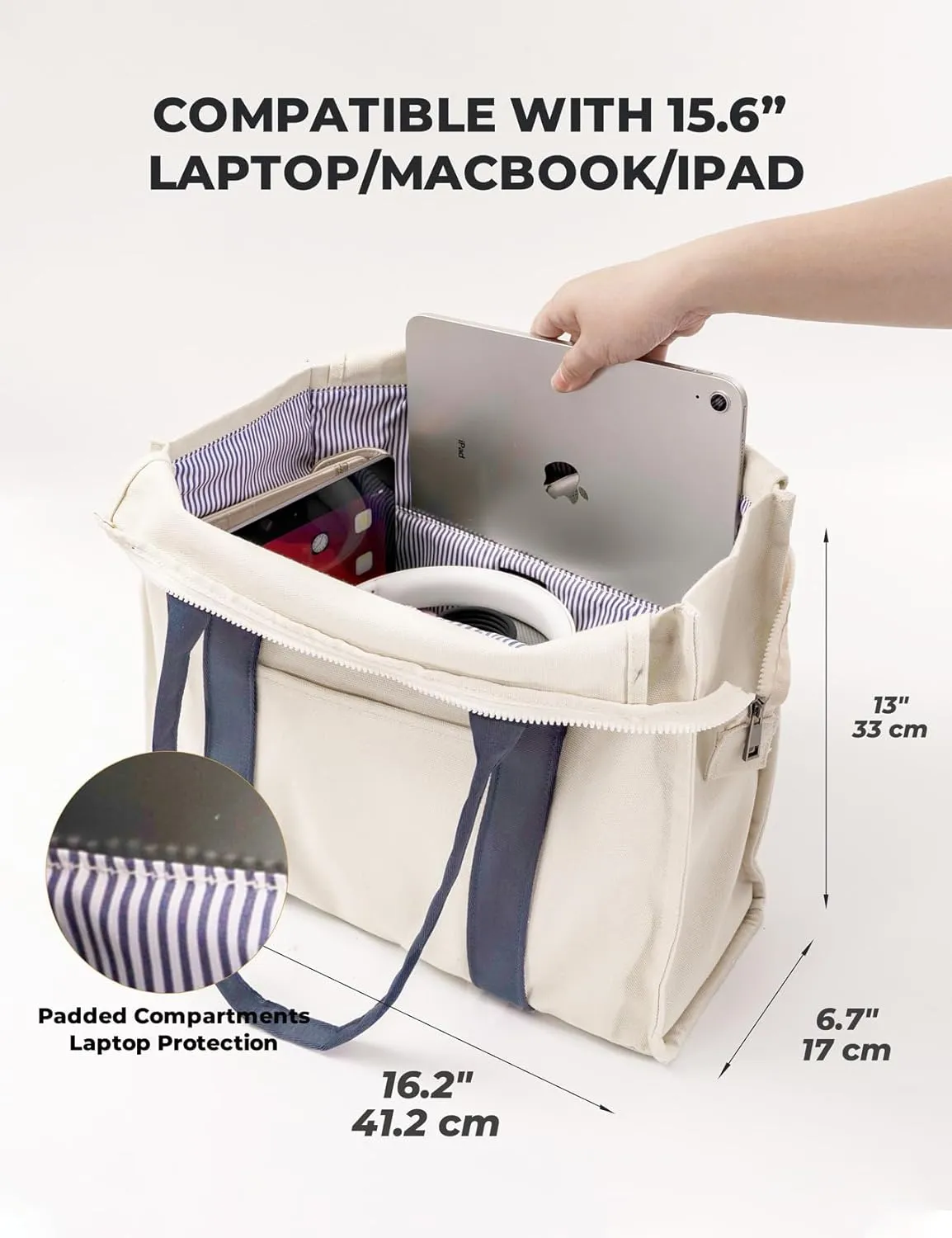 Utility Large Canvas Tote Bag with Compartments.Durable Laptop Bag with Zipper closure,Beach,everyday bag