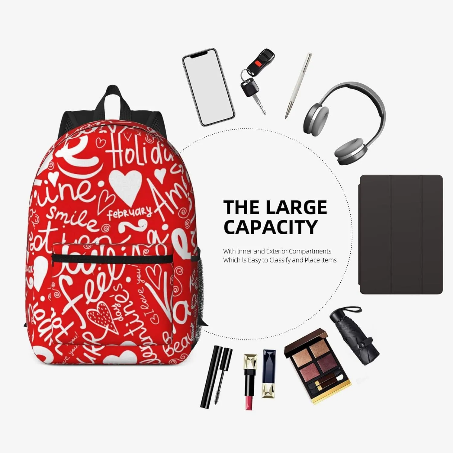 Valentine's Day Love Heart Holiday 17 Inch Backpacks Multipurpose Laptop Backpack Double Shoulder Bag for Men Women Gifts