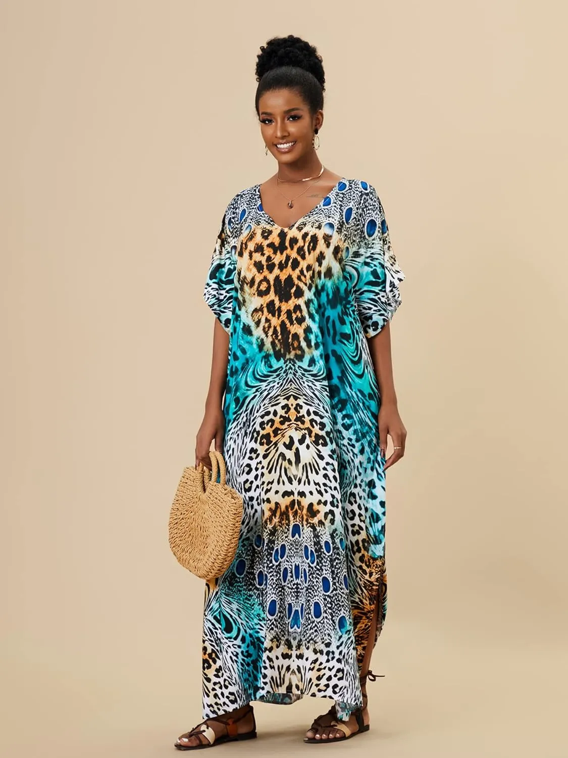 Venasha Womens Caftan Plus Size Kaftans Casual V Neck Caftans Long Soft Beach Maxi Dress for Summer