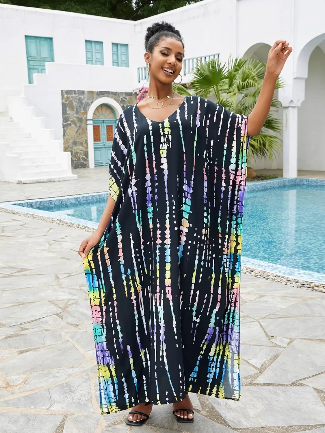 Venasha Womens Caftan Plus Size Kaftans Casual V Neck Caftans Long Soft Beach Maxi Dress for Summer
