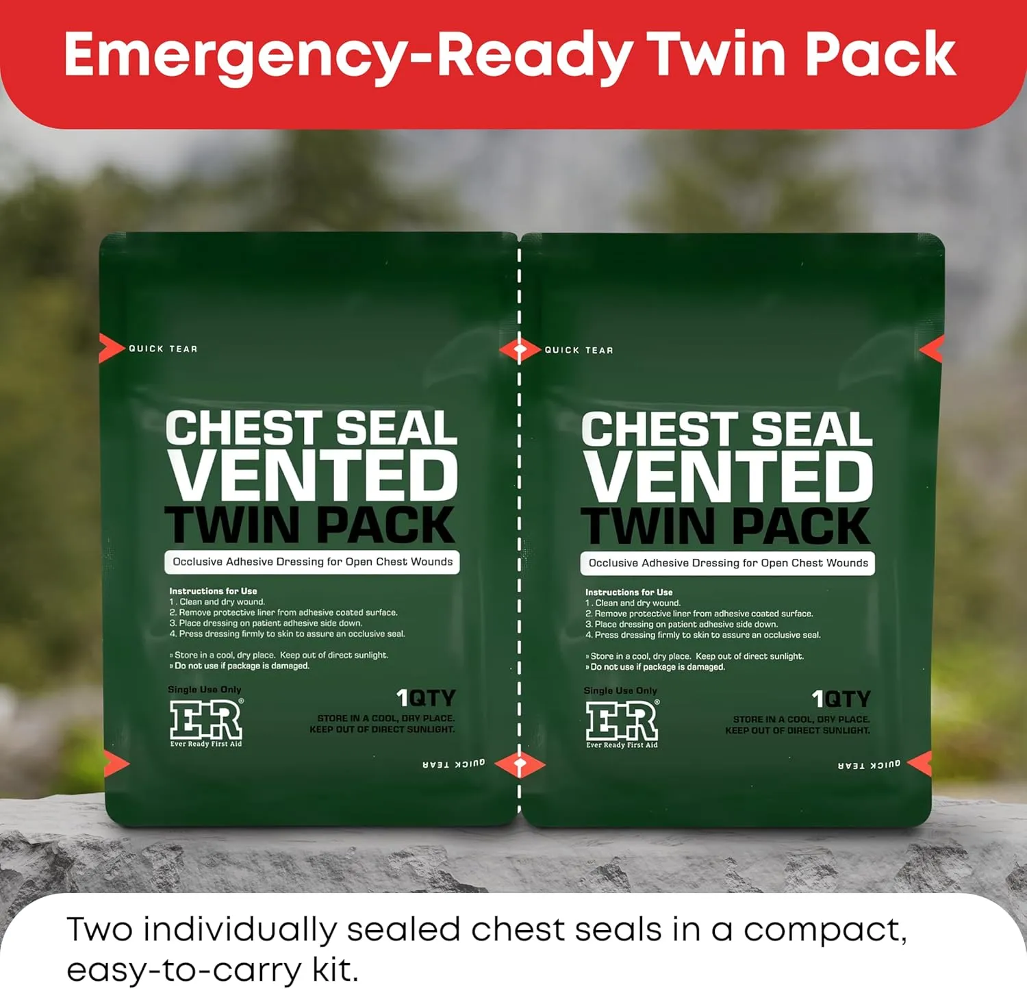 Vented Chest Seal with Quick Tear - 6.6” Square Occlusive Adhesive Dressing for Open Chest Wounds - 6-Pack (12-Counts)