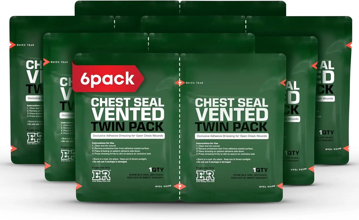 Vented Chest Seal with Quick Tear - 6.6” Square Occlusive Adhesive Dressing for Open Chest Wounds - 6-Pack (12-Counts)