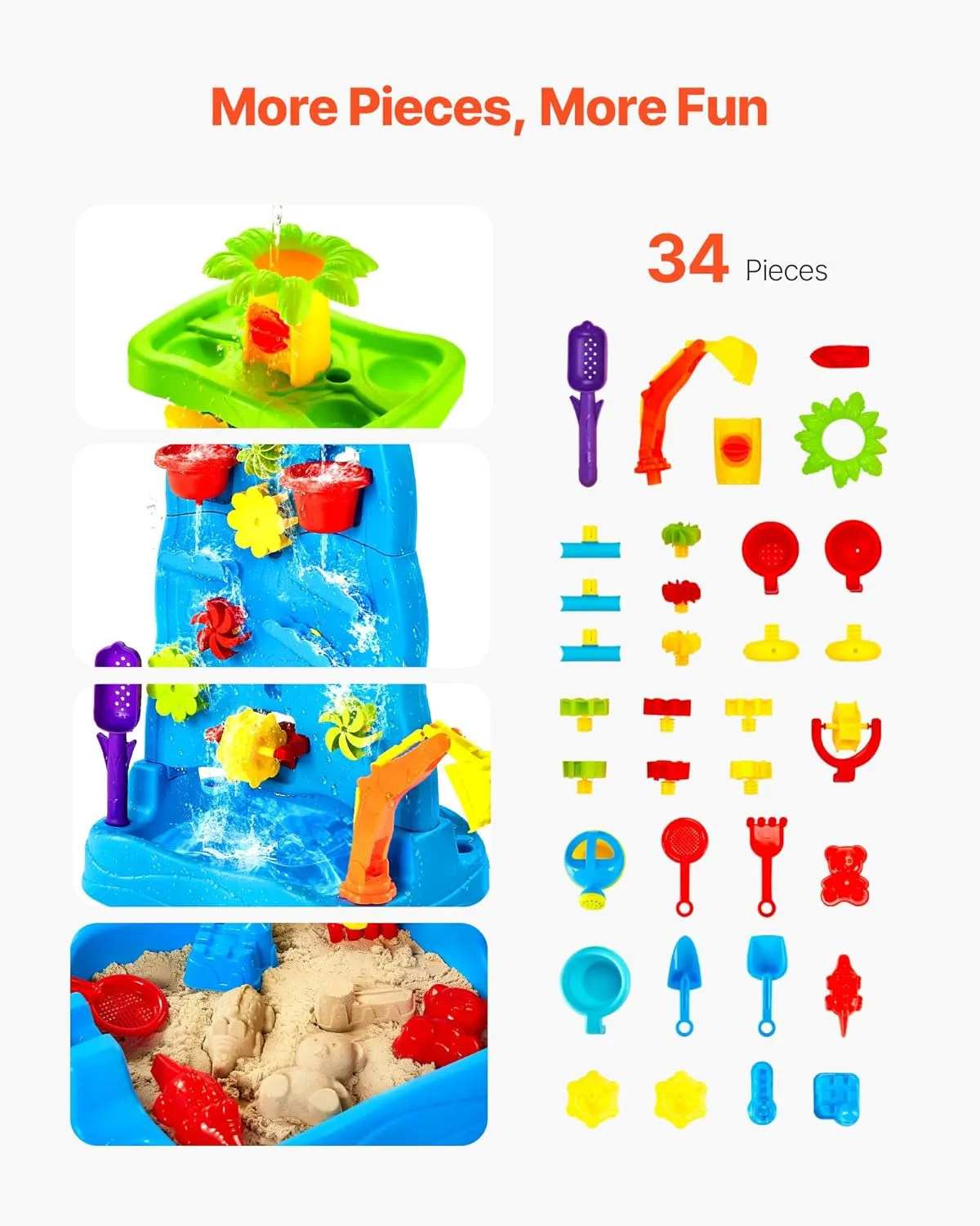 VEVOR Sand and Water Table for Toddlers, Double-Sided Kids Activity Waterfall Playset with 37PCS Accessories, Kids Activity Sensory Table, Outdoor Summer Sand Water Play Table for 3  Years Boys Girls
