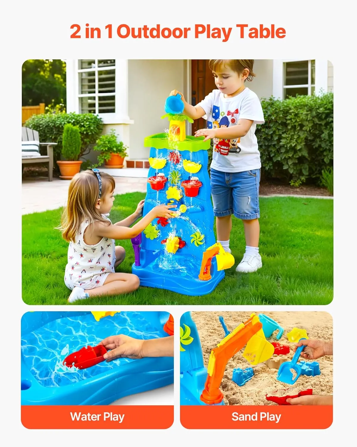 VEVOR Sand and Water Table for Toddlers, Double-Sided Kids Activity Waterfall Playset with 37PCS Accessories, Kids Activity Sensory Table, Outdoor Summer Sand Water Play Table for 3  Years Boys Girls