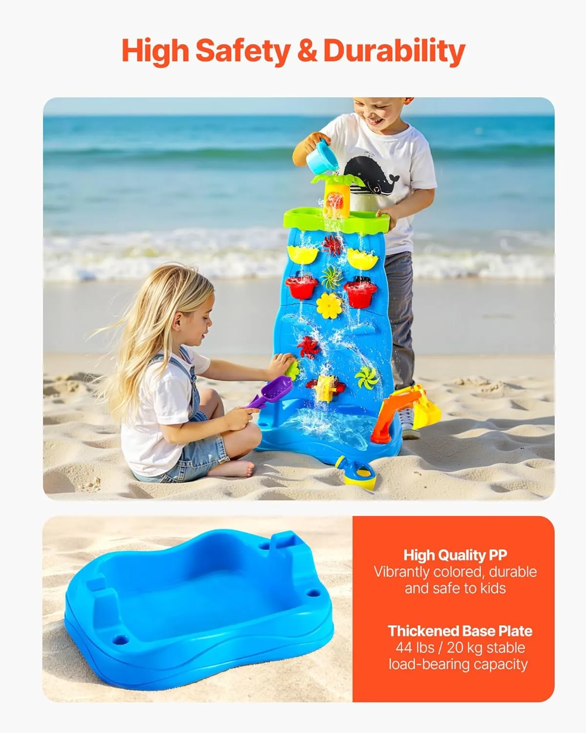 VEVOR Sand and Water Table for Toddlers, Double-Sided Kids Activity Waterfall Playset with 37PCS Accessories, Kids Activity Sensory Table, Outdoor Summer Sand Water Play Table for 3  Years Boys Girls
