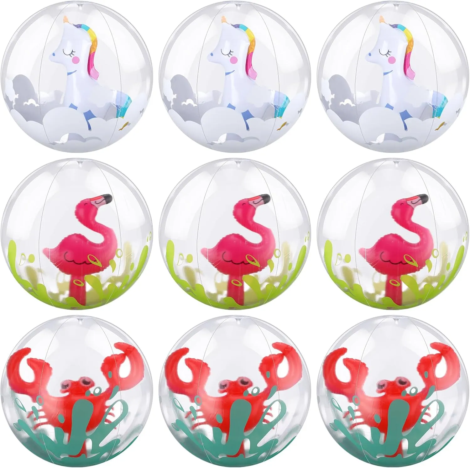 Vinsot 9 Pcs 3D Inflatable Beach Ball 11.8 Inch Novelty Swimming Pool Ball Flamingo, Crab, Rainbow Horse Ocean Under The Sea Party Decorations for Summer Supplies