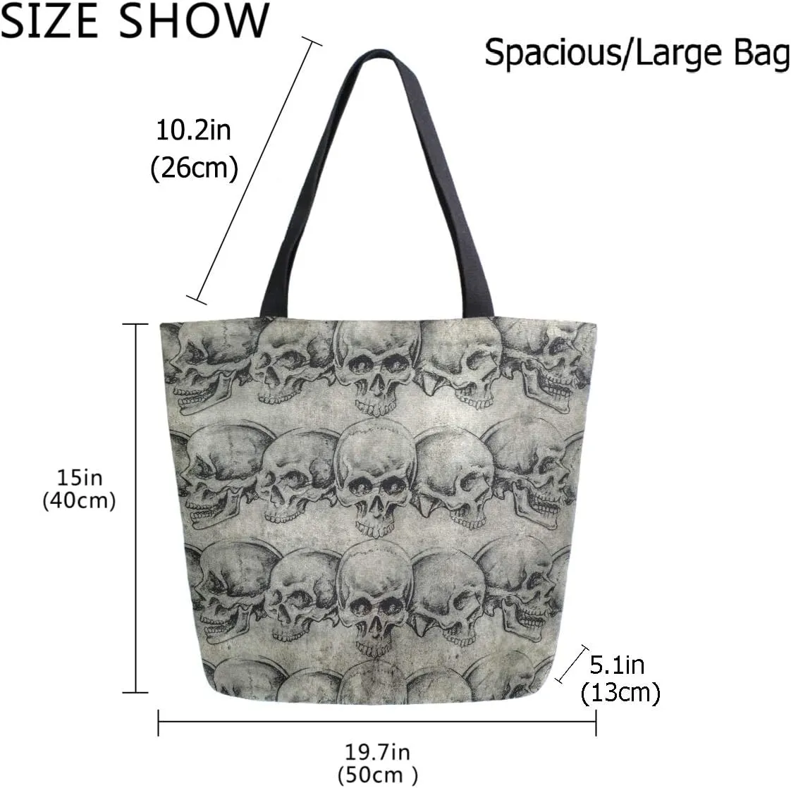 Vintage Skull Tattoo Pattern Large Canvas Gym Beach Travel Reusable Grocery Shopping Tote Bag