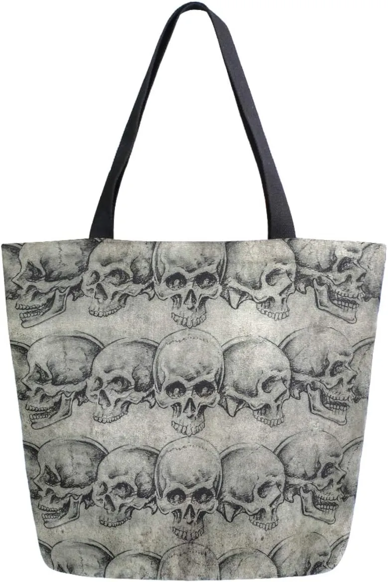 Vintage Skull Tattoo Pattern Large Canvas Gym Beach Travel Reusable Grocery Shopping Tote Bag