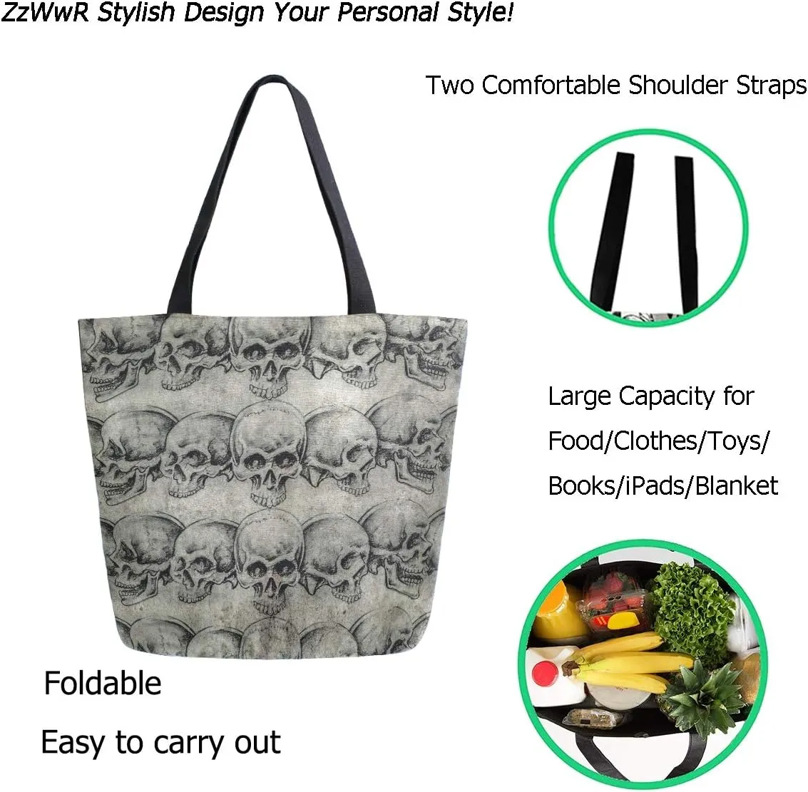 Vintage Skull Tattoo Pattern Large Canvas Gym Beach Travel Reusable Grocery Shopping Tote Bag