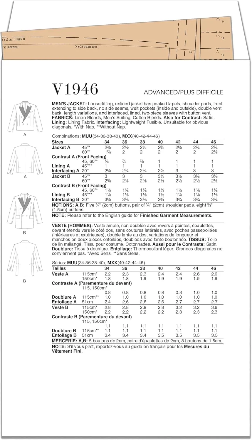 Vogue Men’s Loose-Fitting Unlined Jacket Sewing Pattern Packet, Design Code V1946, Sizes 34-36-38-40