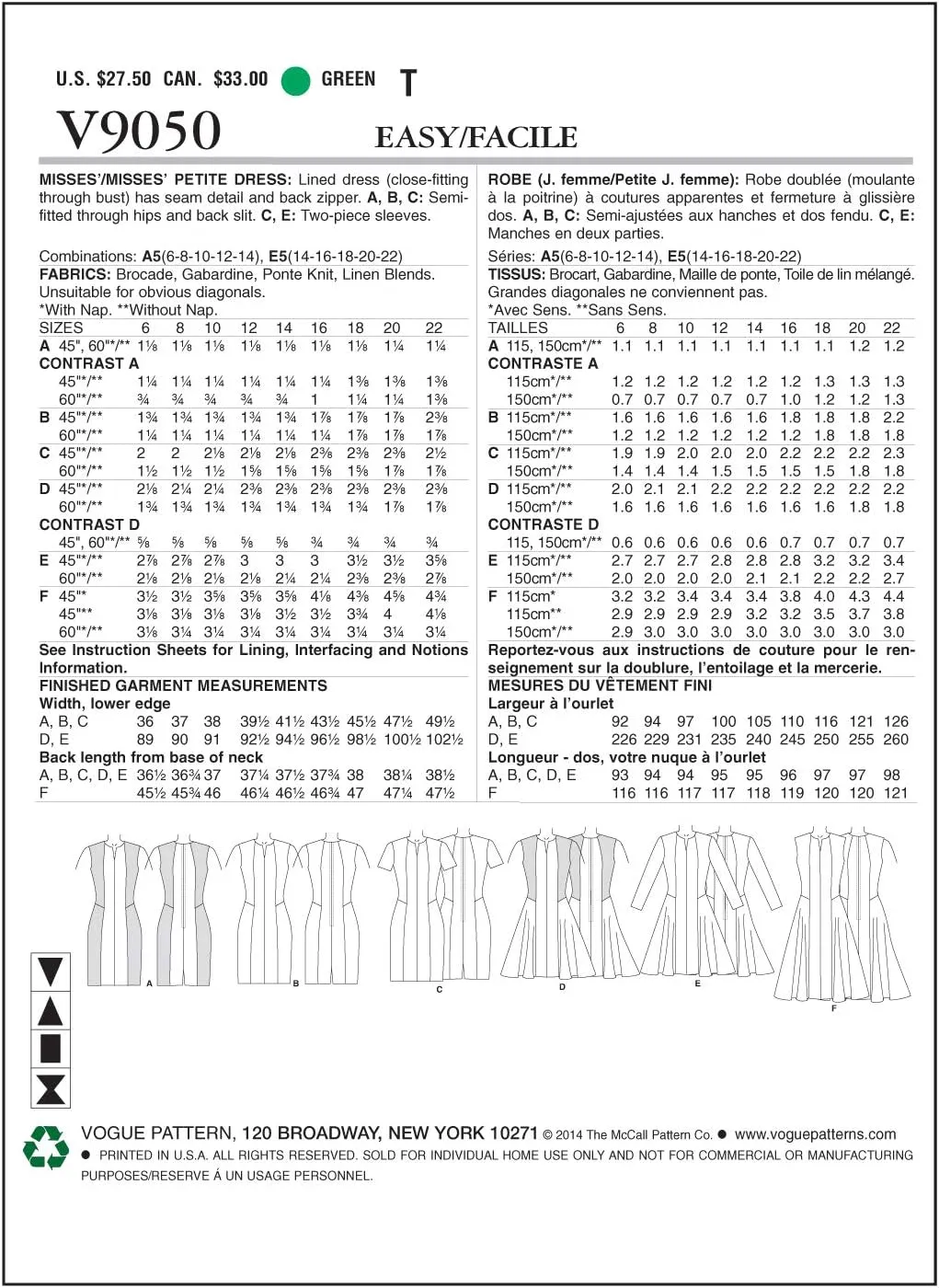 Vogue Patterns V9050 Misses'/Misses' Petite Dress Sewing Template, A5 (6-8-10-12-14)