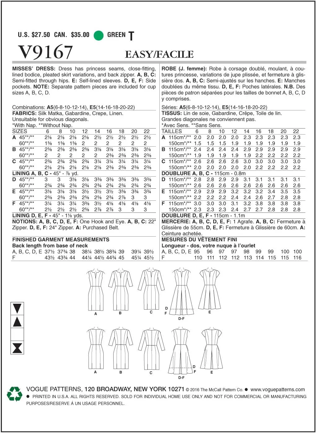 Vogue Patterns V9167 Misses' Notch-Neck Princess-Seam Dresses, A5 (6-8-10-12-14)