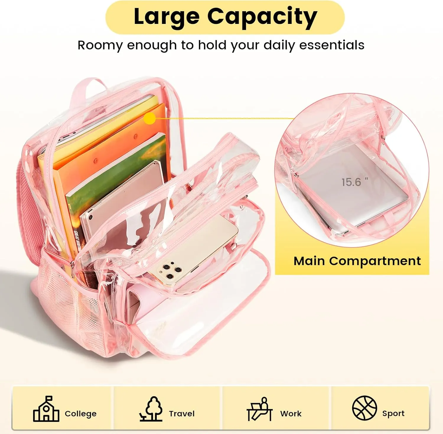 Vorspack Clear Backpack Heavy Duty - Large Clear Bookbag Transparent Backpacks See Through Backpack for College Work Travel Festival - Pink
