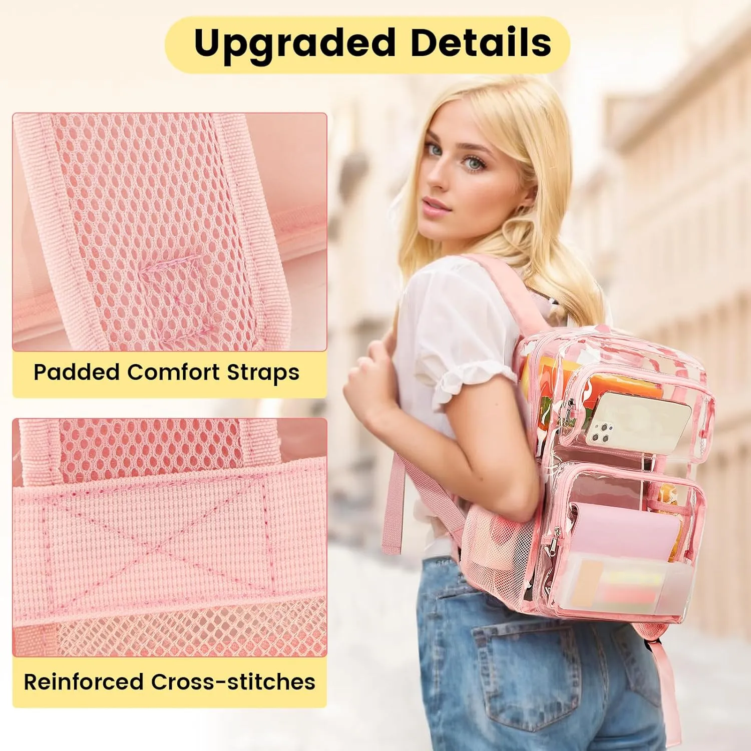 Vorspack Clear Backpack Heavy Duty - Large Clear Bookbag Transparent Backpacks See Through Backpack for College Work Travel Festival - Pink
