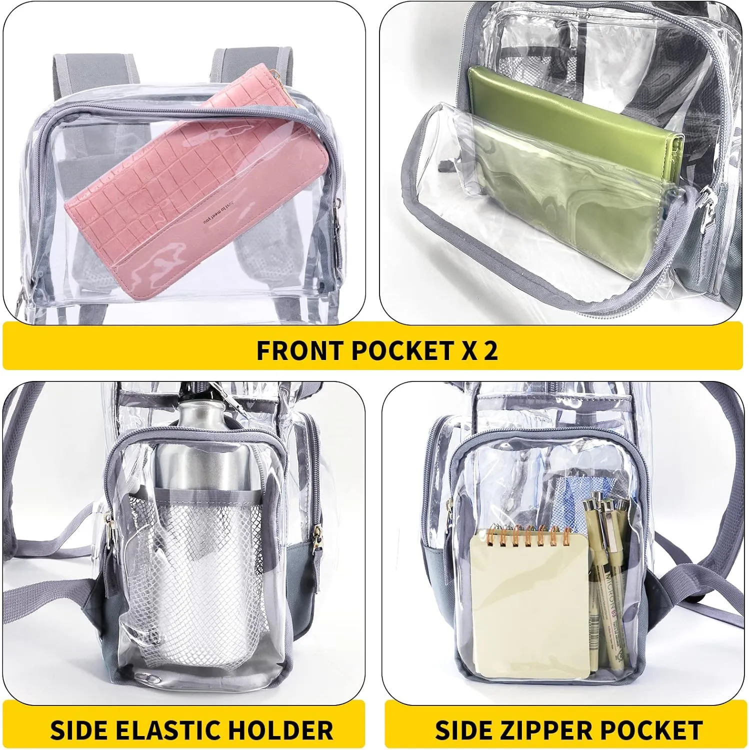 Vorspack Clear Backpack - Transparent Backpack with Reinforced Bottom & Multi-pockets for College Workplace Security - Grey