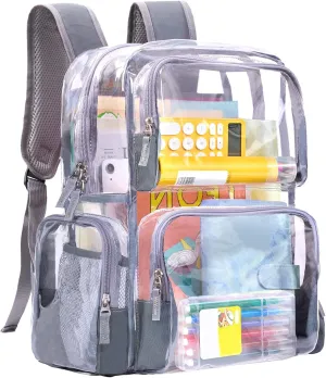 Vorspack Clear Backpack - Transparent Backpack with Reinforced Bottom & Multi-pockets for College Workplace Security - Grey