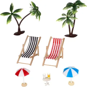 VOSAREA Miniature Beach Set Coconut Trees Parasols Deckchairs Beverages Round Coffee Table for Dollhouses Mini Gardens and Beach Ornaments