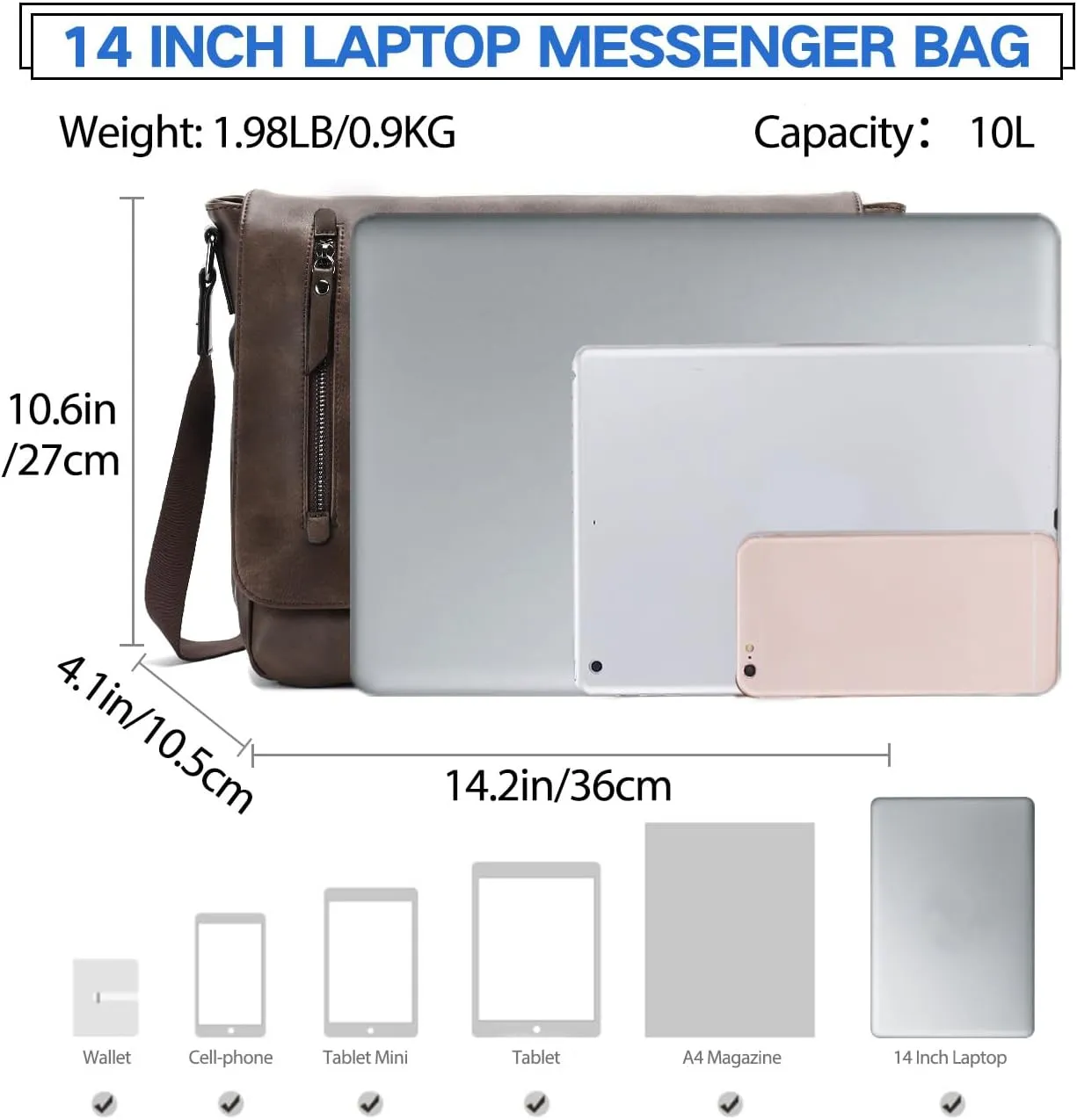 VX VONXURY Messenger Bag for Men, 14 Inch Laptop for Women,Small Canvas Leather Shoulder Bag for Work Bussiness