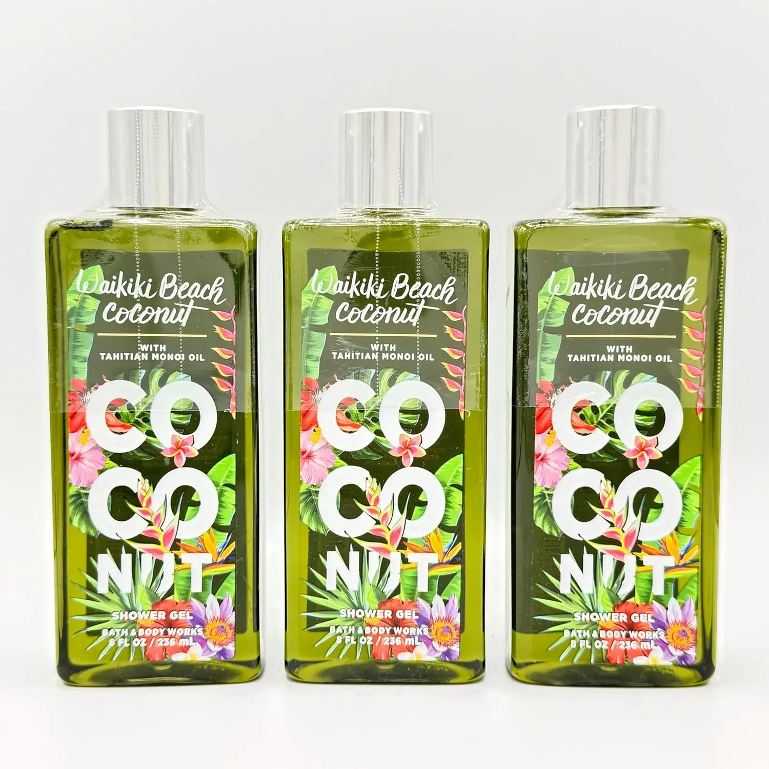 Wai-kiki Beach Coconut 3-Piece Bath and Body Bundle | Set of Three Shower Gels with Tahitian Monoi Oil, 8oz Each
