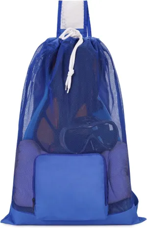 WANDF Swim Bag Foldable Mesh Drawstring Bag with Quick-dry Shoulder Strap Beach Backpack with Wet Pocket for Swimming, Gym, and Workout Gear (Blue Patent Pending)
