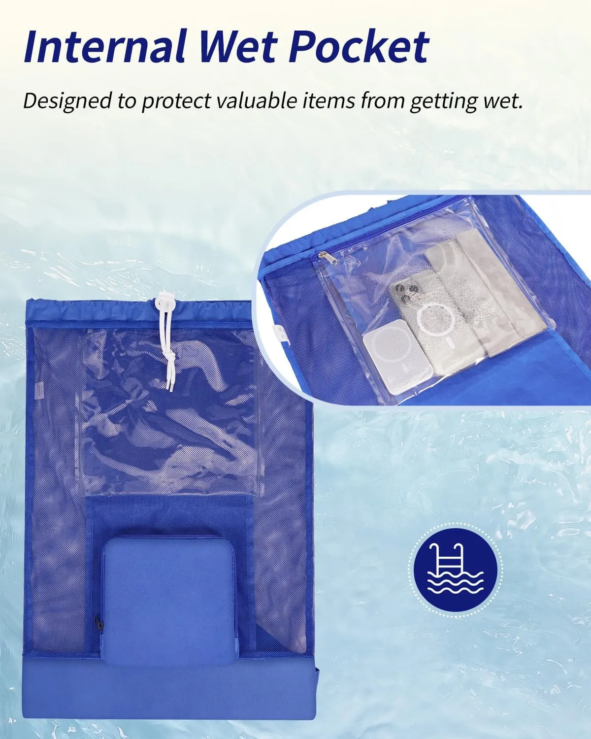 WANDF Swim Bag Foldable Mesh Drawstring Bag with Quick-dry Shoulder Strap Beach Backpack with Wet Pocket for Swimming, Gym, and Workout Gear (Blue Patent Pending)