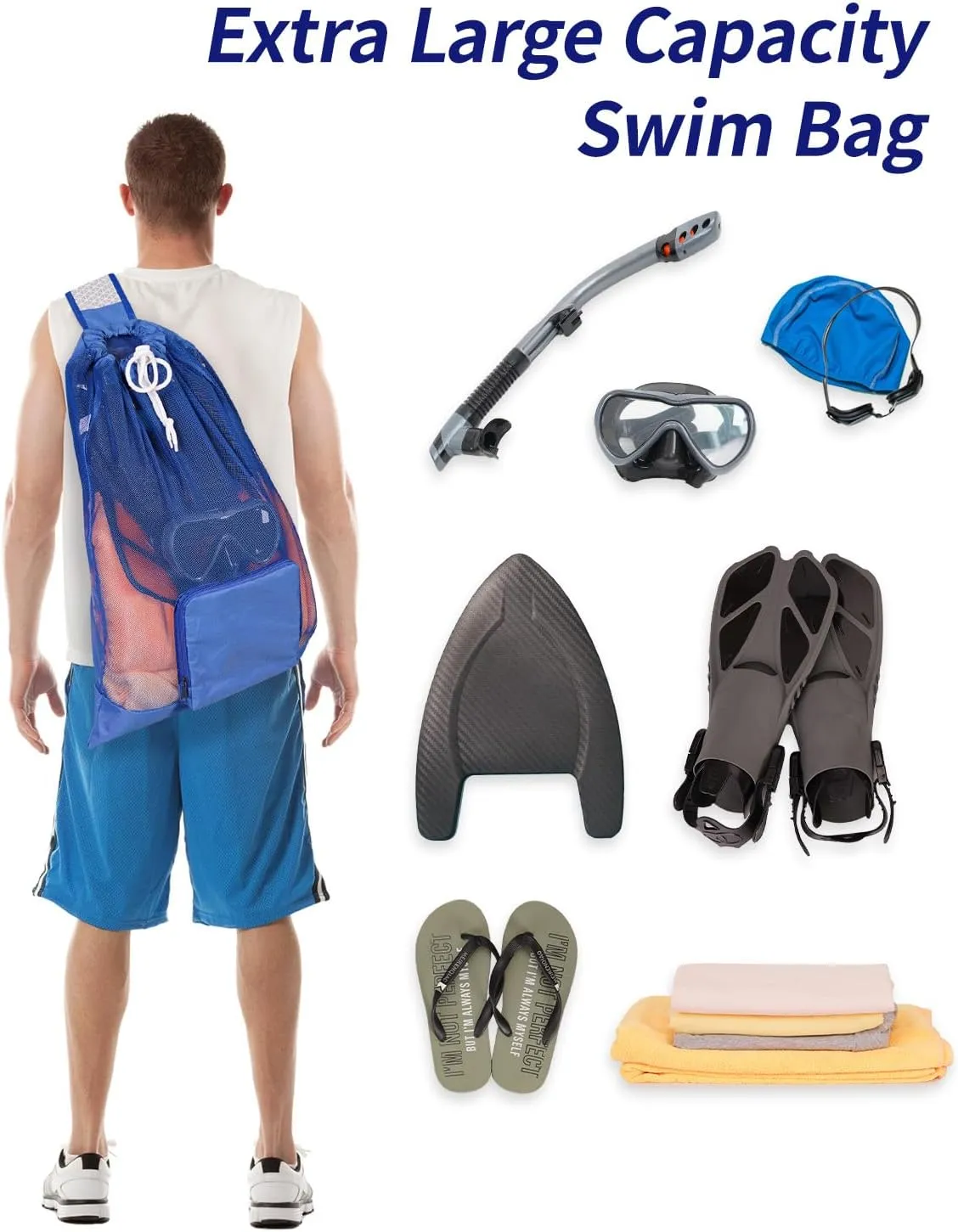 WANDF Swim Bag Foldable Mesh Drawstring Bag with Quick-dry Shoulder Strap Beach Backpack with Wet Pocket for Swimming, Gym, and Workout Gear (Blue Patent Pending)