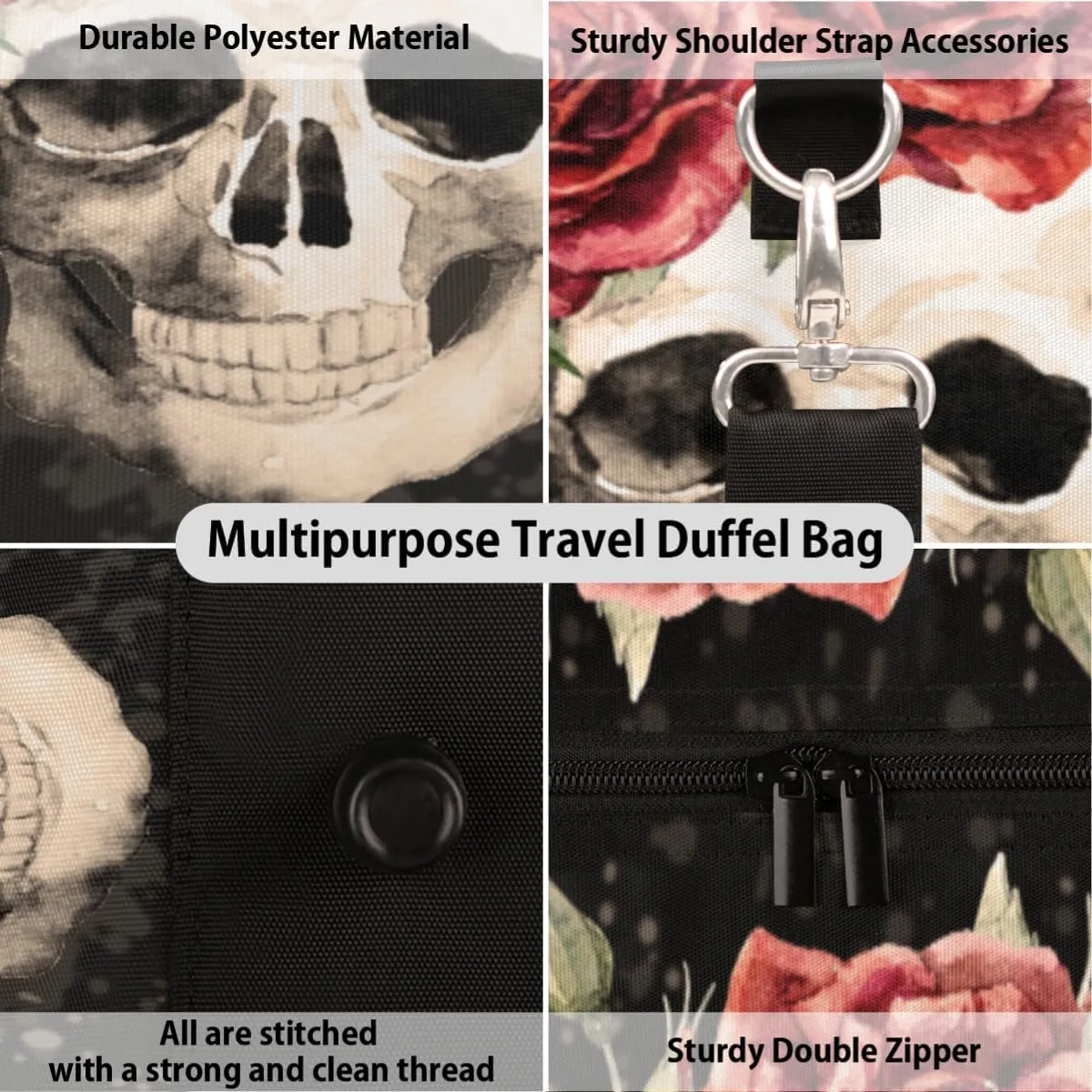 Watercolor Pattern Skull Travel Duffle Bag for Women Man, Lightweight Waterproof Foldable Overnight Bag, Gym Bag Sports Bag, Carry on Shoulder Tote Bags for Dance Hospital Training Swim Yoga