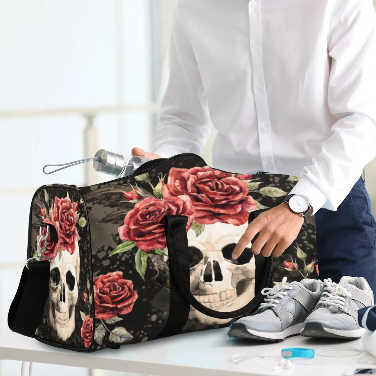 Watercolor Pattern Skull Travel Duffle Bag for Women Man, Lightweight Waterproof Foldable Overnight Bag, Gym Bag Sports Bag, Carry on Shoulder Tote Bags for Dance Hospital Training Swim Yoga