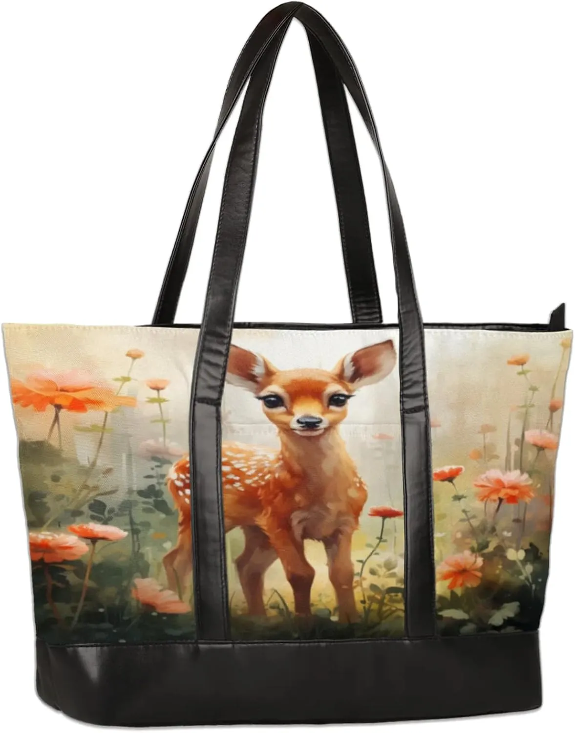 Watercolour Deer Flower Laptop Tote Bag for Women Lightweight Work Purse with Multiple Compartments Fits 13-15.6 Inch Laptop Tablet Shoulder Bag for Office Travel Daily Use