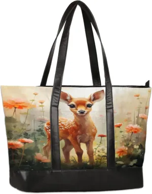 Watercolour Deer Flower Laptop Tote Bag for Women Lightweight Work Purse with Multiple Compartments Fits 13-15.6 Inch Laptop Tablet Shoulder Bag for Office Travel Daily Use