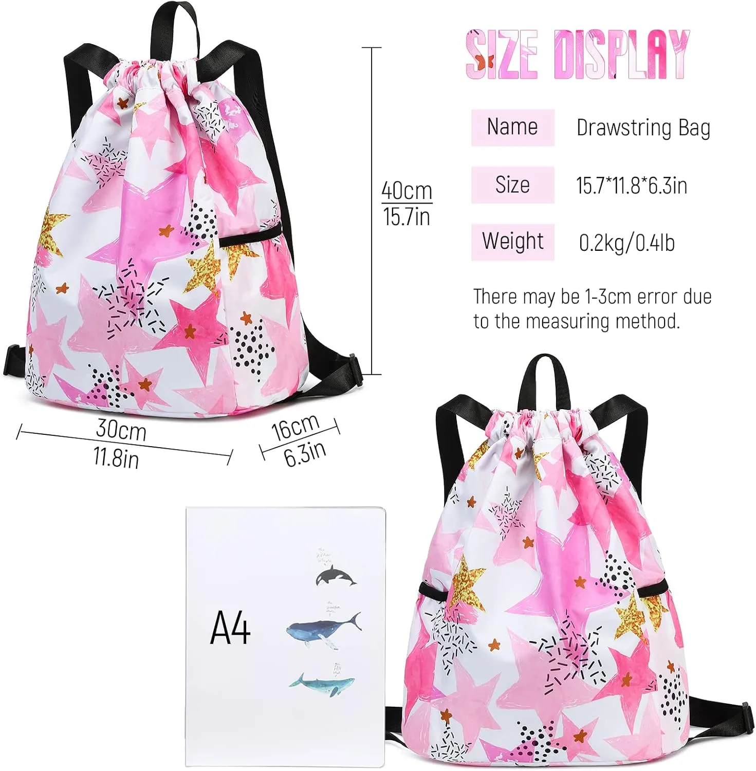 Waterproof Drawstring Bag, Drawstring Backpack, Gym Bag Sackpack Sports Backpack for Women Girls Stars Pink