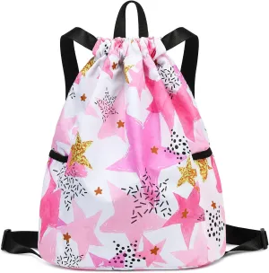 Waterproof Drawstring Bag, Drawstring Backpack, Gym Bag Sackpack Sports Backpack for Women Girls Stars Pink