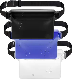 Waterproof Pouch with Waist Strap, 3 Pack Waterproof Fanny Pack Screen Touchable Dry Bag with Adjustable Belt for Phone Valuables for Boating Swimming Beach Pool Water Parks (Blue Clear Black)