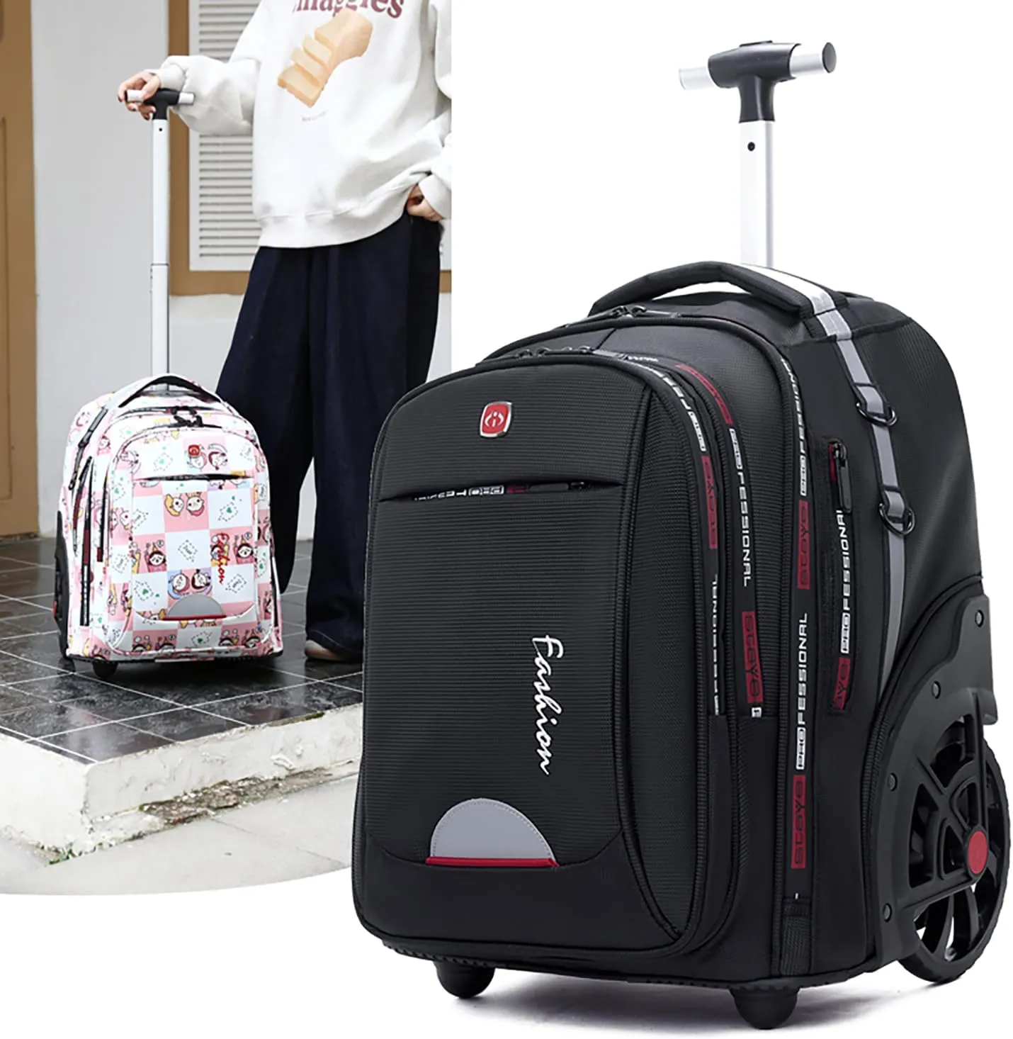 Waterproof Rolling Backpack for Women and Men, Laptop Backpack with Wheels for Adults, Carry on Backpack with Large Wheels for Travel and Business Commuter (Black, 22inch)