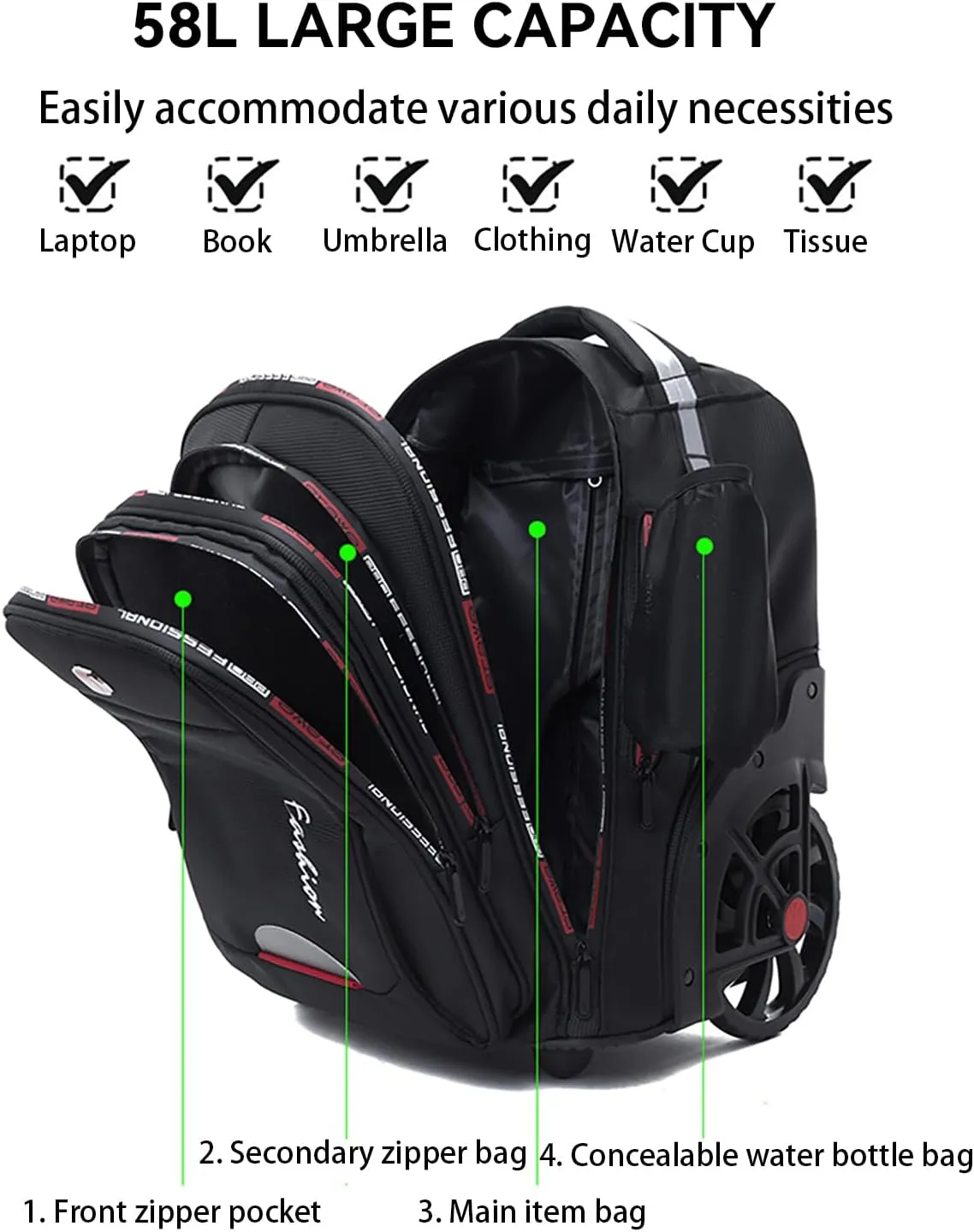 Waterproof Rolling Backpack for Women and Men, Laptop Backpack with Wheels for Adults, Carry on Backpack with Large Wheels for Travel and Business Commuter (Black, 22inch)
