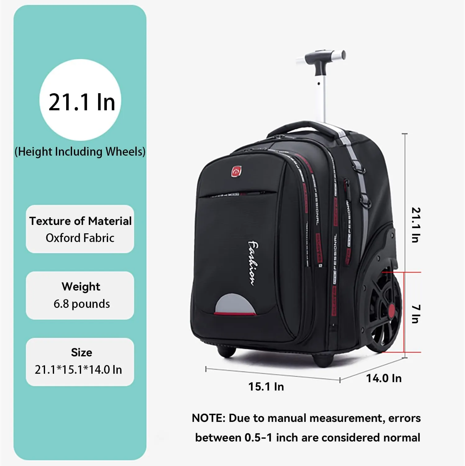 Waterproof Rolling Backpack for Women and Men, Laptop Backpack with Wheels for Adults, Carry on Backpack with Large Wheels for Travel and Business Commuter (Black, 22inch)