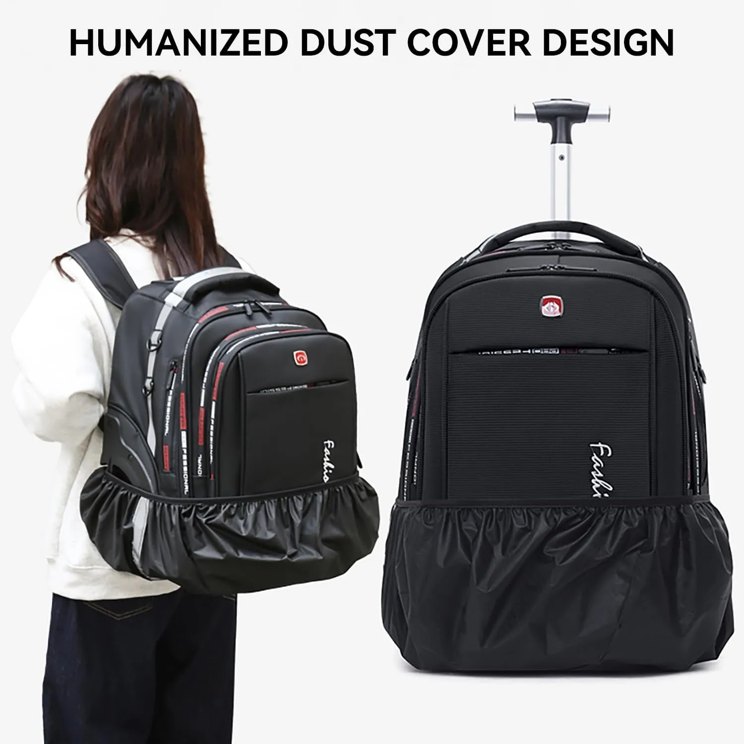 Waterproof Rolling Backpack for Women and Men, Laptop Backpack with Wheels for Adults, Carry on Backpack with Large Wheels for Travel and Business Commuter (Black, 22inch)