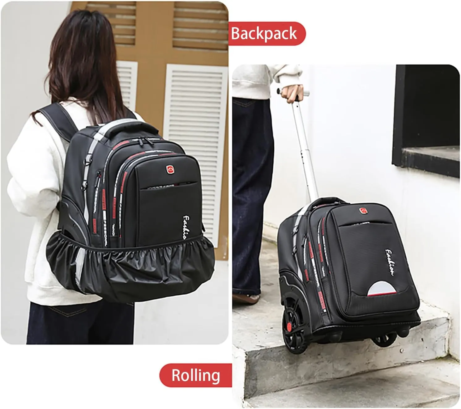 Waterproof Rolling Backpack for Women and Men, Laptop Backpack with Wheels for Adults, Carry on Backpack with Large Wheels for Travel and Business Commuter (Black, 22inch)