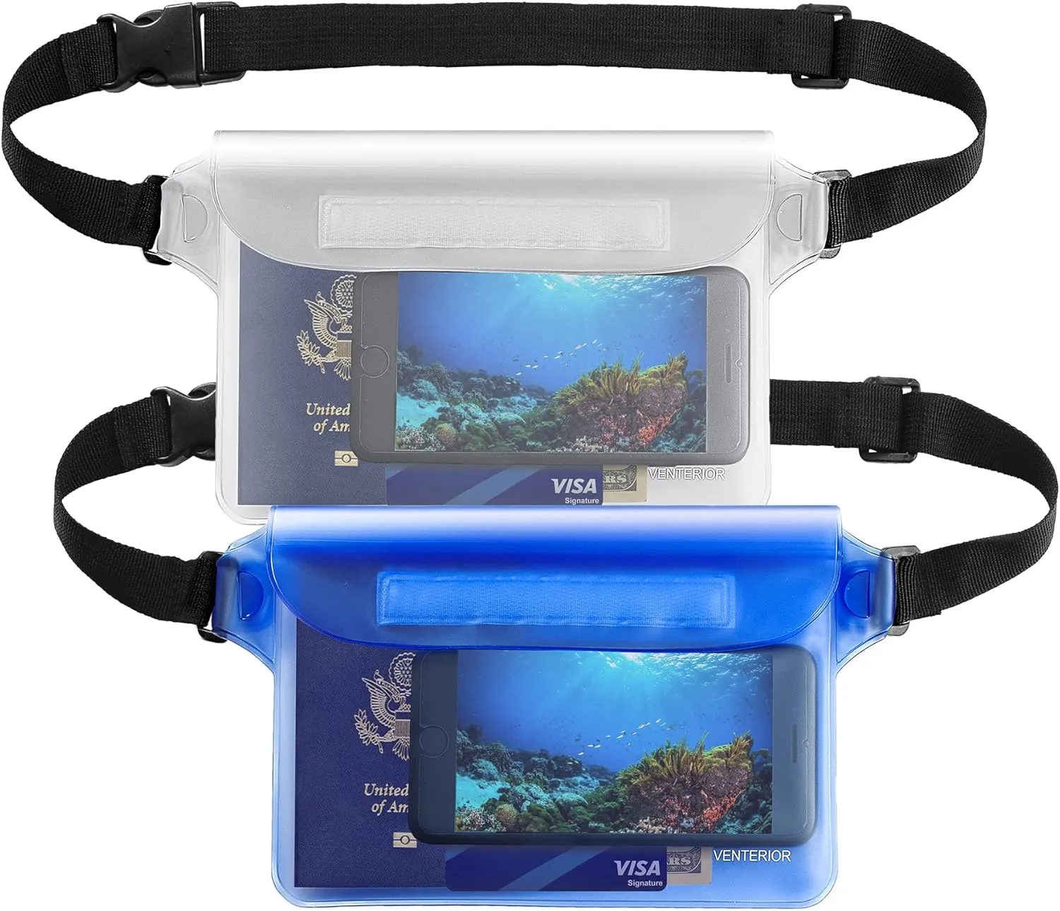Waterproof Waist Pouch 2-Pack | Beach Accessories Fanny Pack for Swimming Snorkeling Sailing Kayaking Beach Pool Water Parks | Keep Your Phone Wallet Safe and Dry (White & Black)