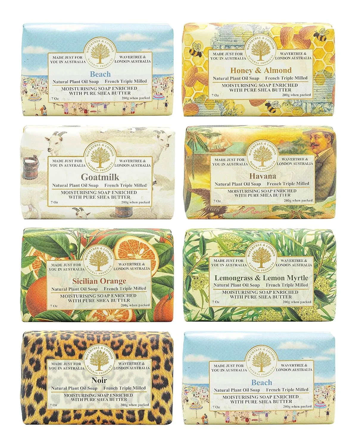 Wavertree & London Assorted Favorites 8 Bars Scented Natural Soap Bars, 7oz Each Moisturizing French Triple Milled Soap Bars Enriched with Shea Butter and Pure Plant Oils | All Body & Bath Soap