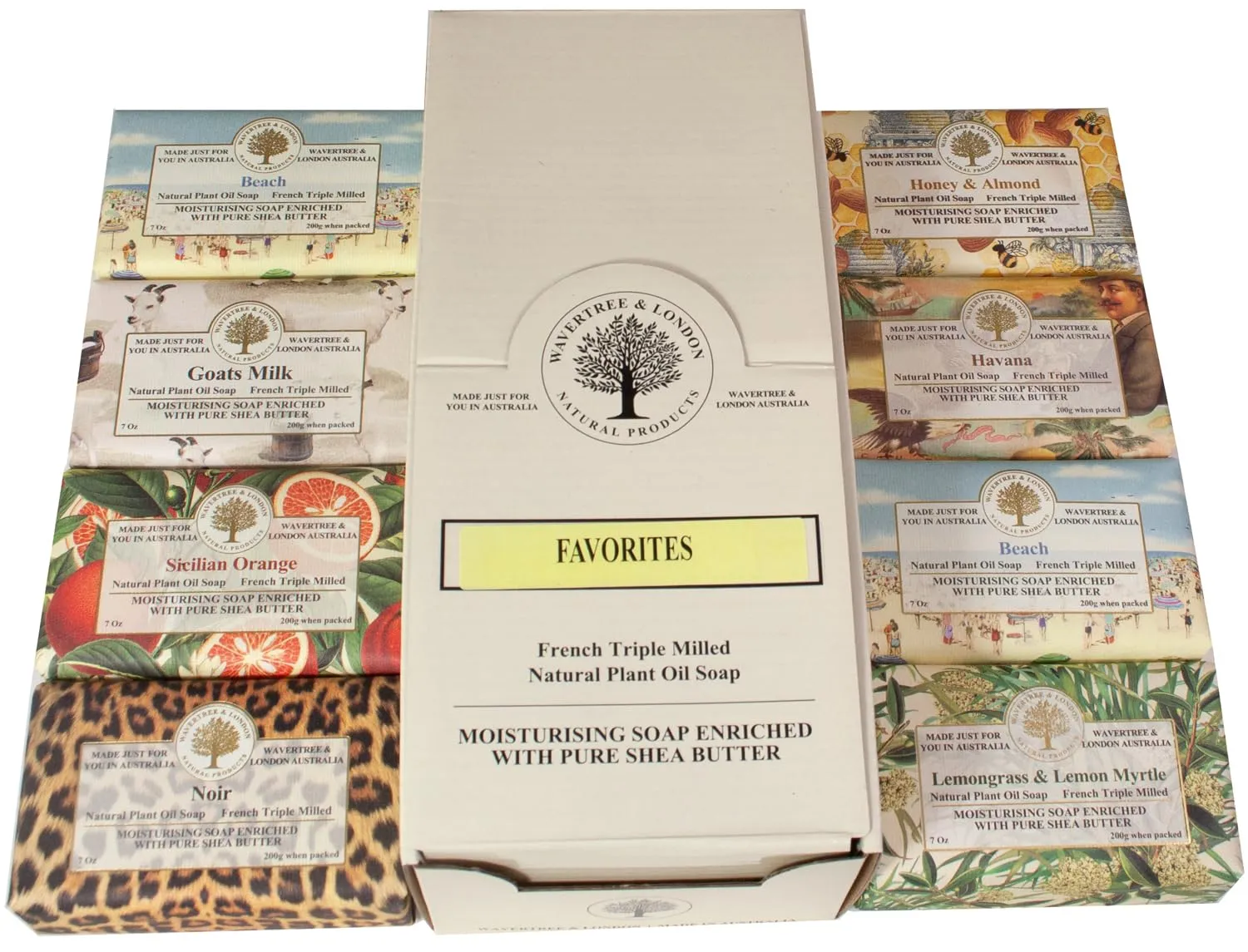 Wavertree & London Assorted Favorites 8 Bars Scented Natural Soap Bars, 7oz Each Moisturizing French Triple Milled Soap Bars Enriched with Shea Butter and Pure Plant Oils | All Body & Bath Soap