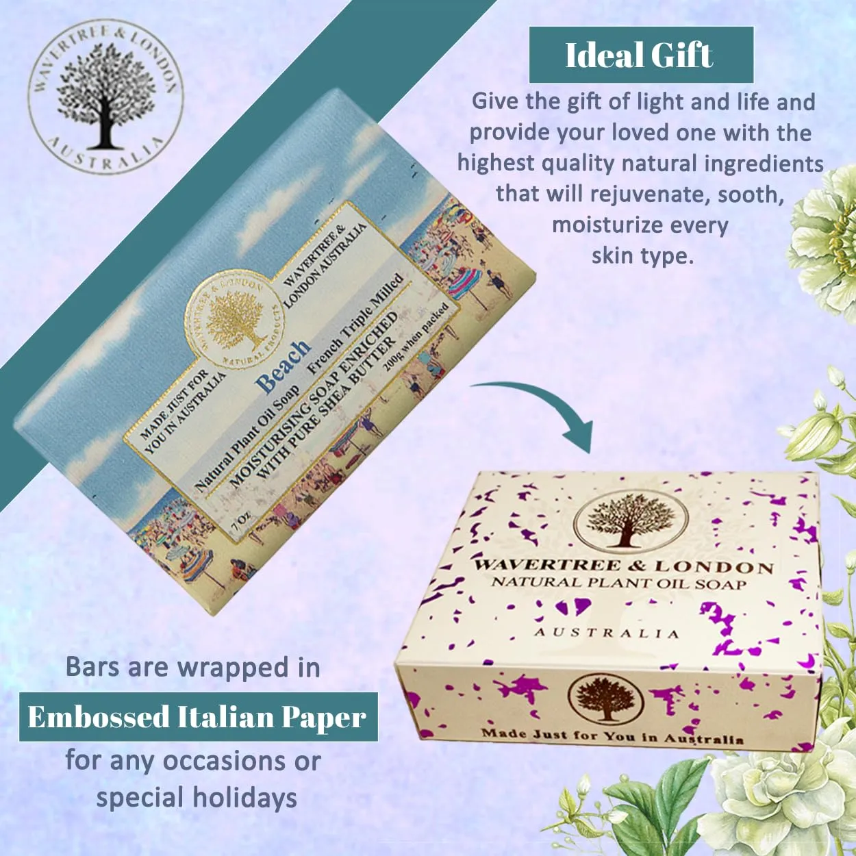 Wavertree & London Beach Scented Natural Soap (2 Bars), 7oz Moisturizing French Triple Milled Soap Bars enriched with shea butter - Pure Plant Oil Bath & Body Soap for All Skin Types