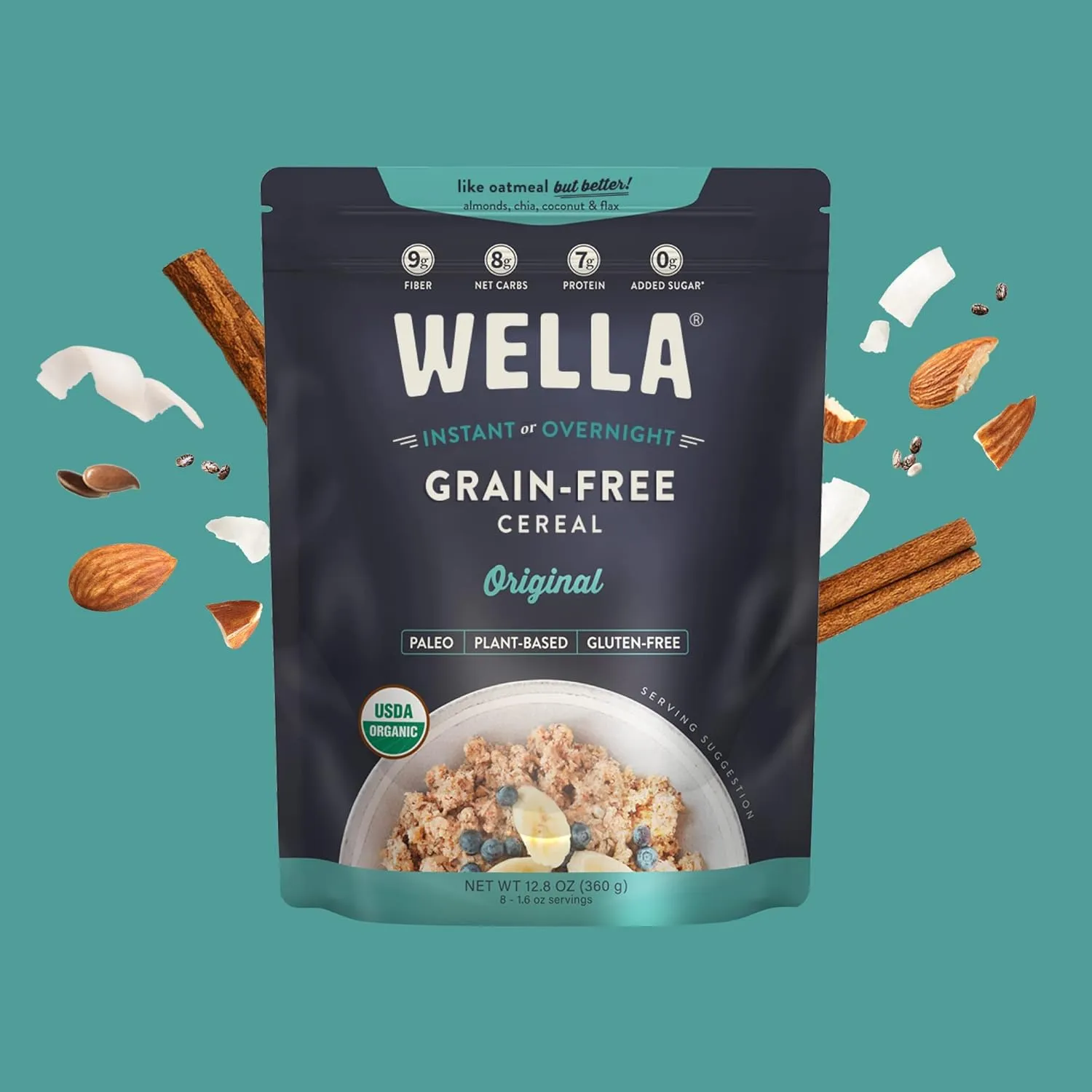 Wella Cereal Oatmeal Alternative, Gluten-Free Breakfast Hot Cereal, Grain-Free Paleo Organic Vegan High Protein Superfood, Plant-Based Non-GMO, Low in Net Carbs, Multi-Serve Bag, Original Flavor (1 Count, 12.8 oz. Bag)