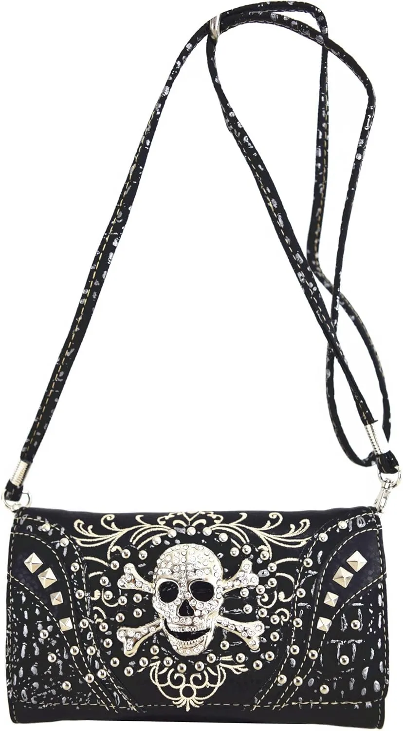 Western Style Sugar Skull Studded Country Purse Single Shoulder Bag Clutch Women Blocking Wristlet Wallet