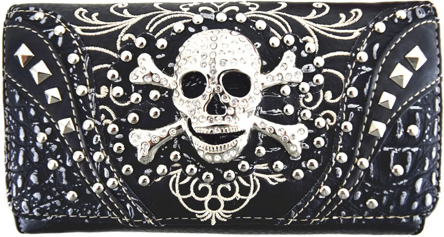 Western Style Sugar Skull Studded Country Purse Single Shoulder Bag Clutch Women Blocking Wristlet Wallet