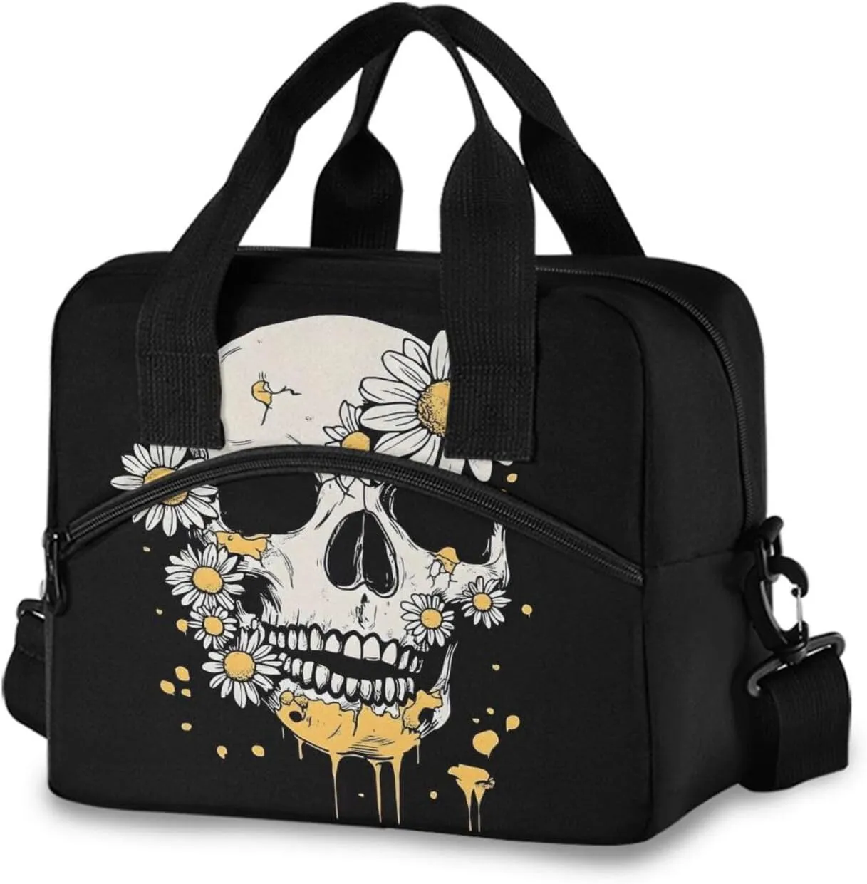 White Skull Daisies Insulated Lunch Box for Women Men Reusable Lunch Bag for Office Picnic Cooler Bags with Adjustable Shoulder Strap