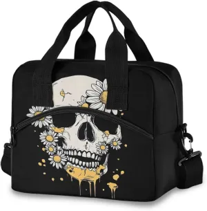 White Skull Daisies Insulated Lunch Box for Women Men Reusable Lunch Bag for Office Picnic Cooler Bags with Adjustable Shoulder Strap